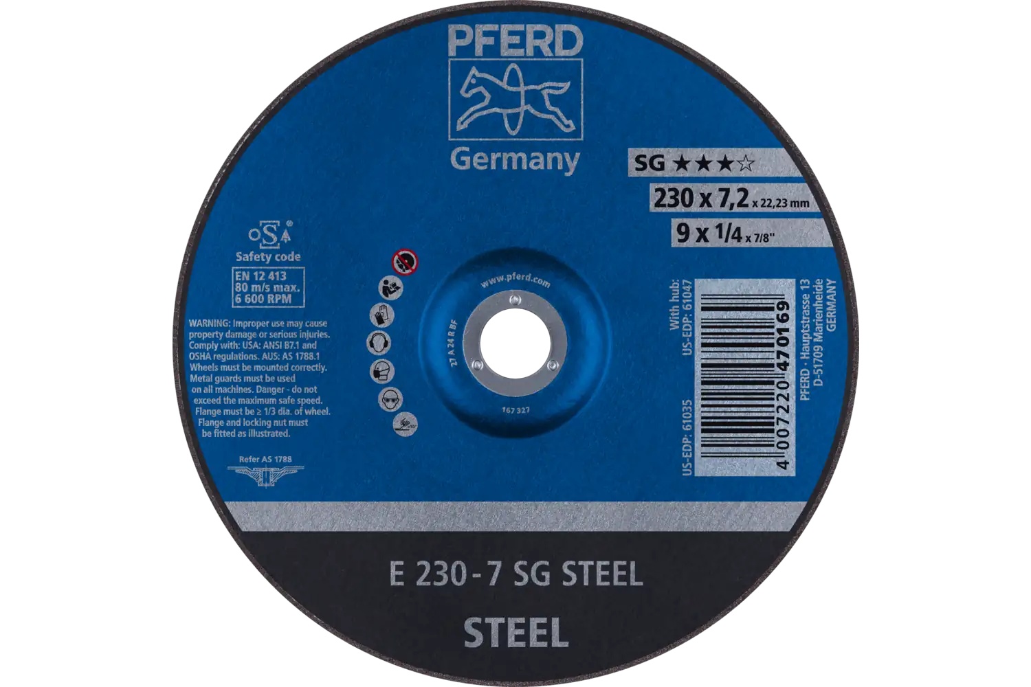 Picture of Pferd Grinding Wheel, 9" X 1/4 X 7/8, Sg Steel, T27, Aluminum Oxide